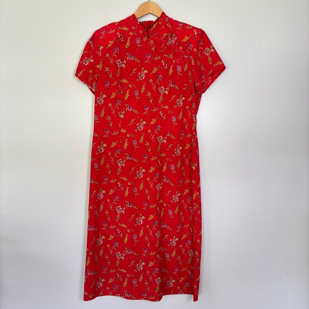 Vintage 90s Betsy's Things Asian Inspired Red Floral Sheath Midi Dress-Size 16